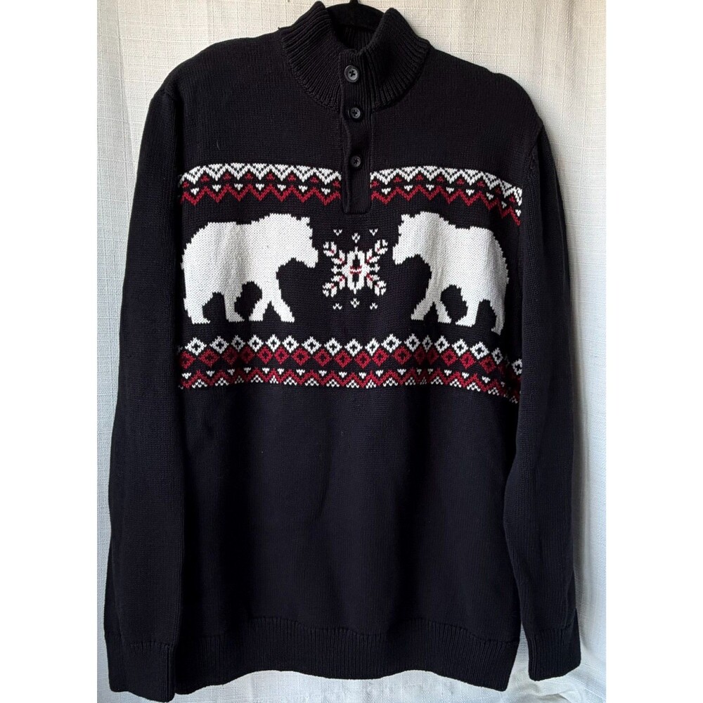 CHAPS Mens L Bear Fair Isle Sweater Black Red Nordic Mock Neck Cotton Pullover